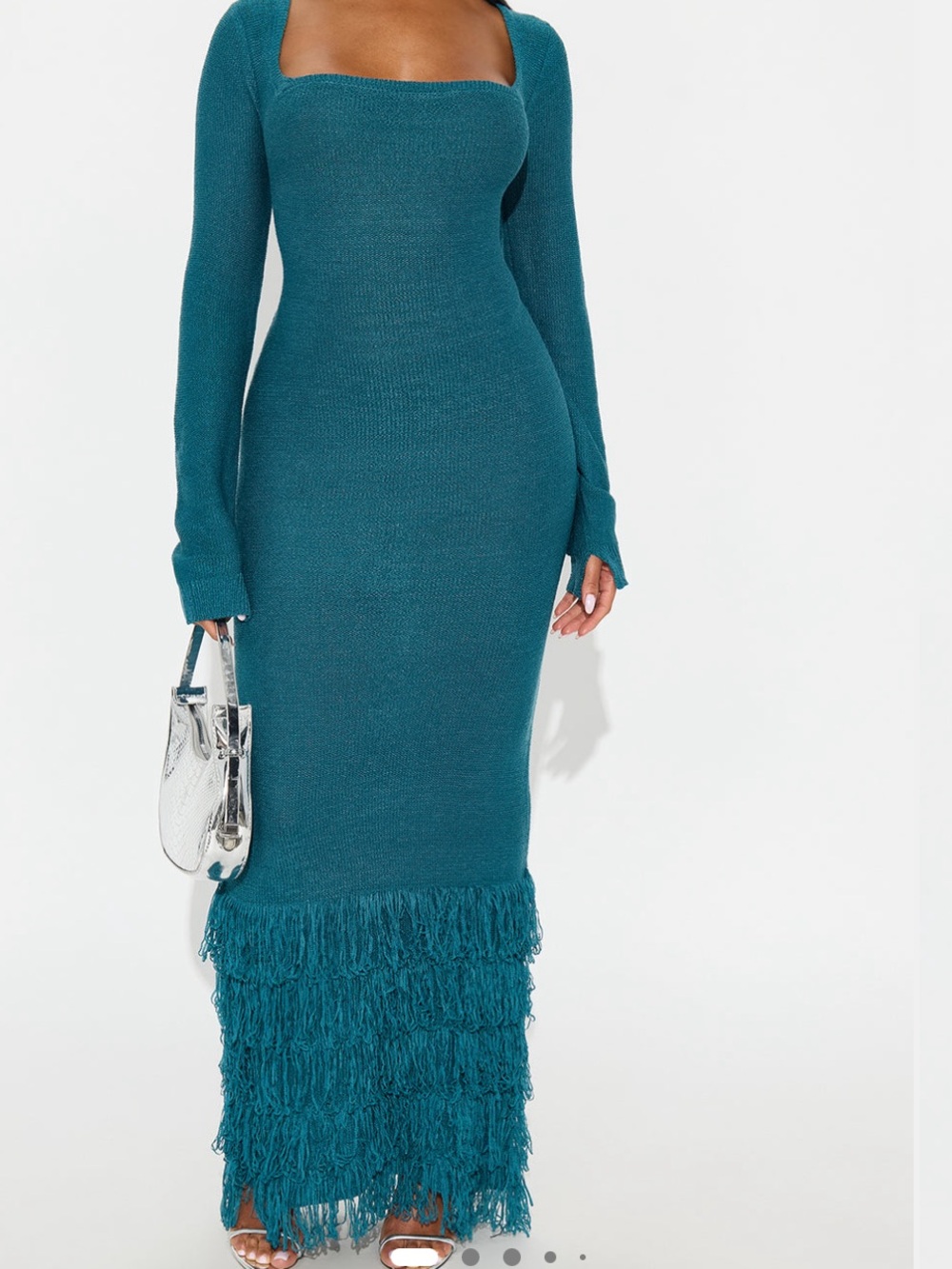 Fashion Nova Teal Square-Neck Fringe Knit Maxi Dress